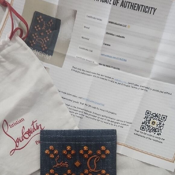 Christian Louboutin Denim Card Holder with Orange Accents - Picture 4 of 6
